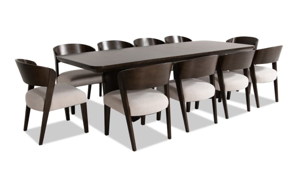 Luxe 11 Piece Brown & White Upholstered Dining Set with extendable rubberwood and oak veneer table, 10 white polyester fabric chairs with memory foam seating, contemporary style.