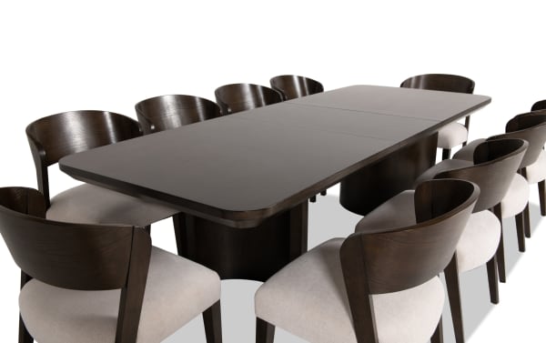 Contemporary Luxe 11 Piece Brown & White Upholstered Dining Set with extendable rubberwood and oak veneer table, polyester fabric chairs with memory foam seats.