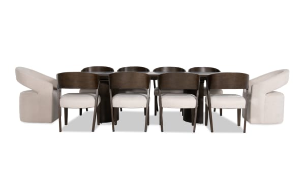 Luxe 11 Piece Brown & White Upholstered Dining Set with rubberwood, oak veneers, and polyester fabric. Contemporary style with rounded edges, memory foam seating, and extendable table.