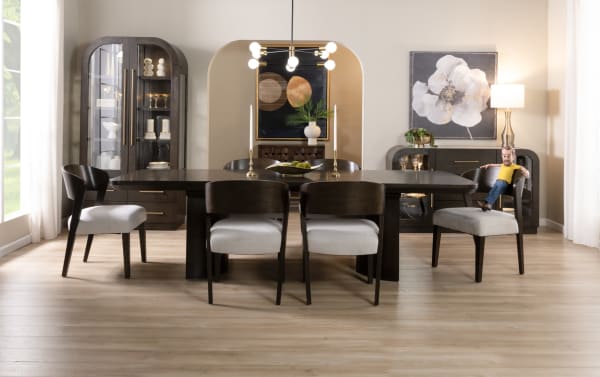 Contemporary Luxe 11 Piece Brown & White Upholstered Dining Set with rubberwood, oak veneers, Bob-O-Pedic memory foam chairs, and extendable table.