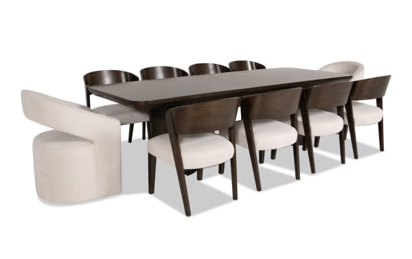 Luxe 11 Piece Brown & White Upholstered Dining Set with extendable rubberwood oak table, Bob-O-Pedic memory foam fabric chairs, contemporary style.