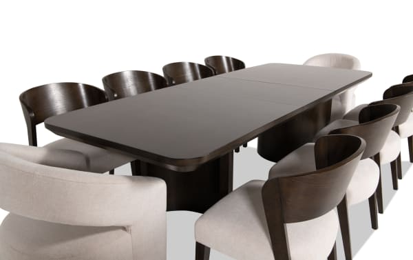 Luxe 11 Piece Brown & White Upholstered Dining Set with extendable oak veneer table, rounded edges, and Bob-O-Pedic memory foam seating in contemporary style.