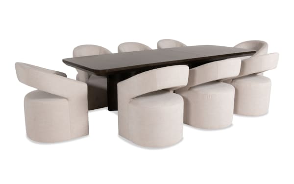Luxe 9 Piece Brown & White Upholstered Dining Set featuring a contemporary extendable oak veneer table with rounded edges and nine white Bob-O-Pedic Memory Foam fabric chairs.