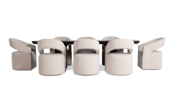 Luxe 9 Piece Brown & White Upholstered Dining Set with rounded white polyester fabric chairs, Bob-O-Pedic memory foam seating, and extendable oak veneer table. Contemporary Luxe Dining collection featuring rubberwood solids and MDF construction.