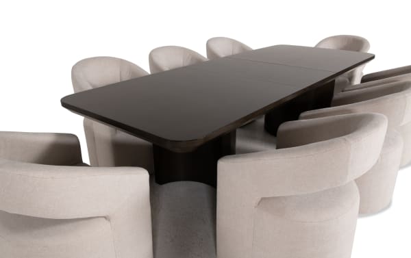 Luxe 9 Piece Brown & White Upholstered Dining Set with extendable dark oak veneer table and white Bob-O-Pedic memory foam fabric chairs, contemporary style.