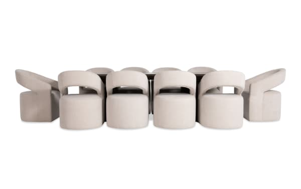 Contemporary Luxe 11 Piece White Upholstered Dining Set with rubberwood, oak veneer, fabric polyester, memory foam seats, and extendable table.