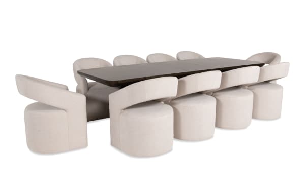 Luxe 11 Piece White Upholstered Dining Set with extendable brown oak veneer table, rounded edges, and Bob-O-Pedic memory foam chairs in contemporary Luxe Dining style.