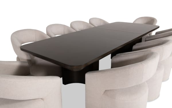 Contemporary Luxe 11 Piece Brown & White Upholstered Dining Set with extendable dark oak veneer table, rounded edges, and white polyester fabric chairs with memory foam seating.
