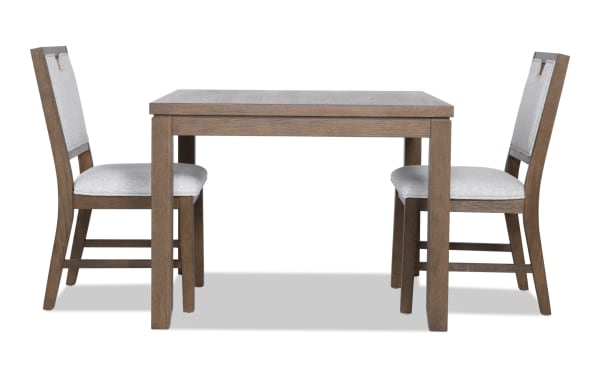 Brookline 3 Piece Brown & White Upholstered Square Dining Set with acacia wood frame, polyester fabric chairs, and transitional style design.