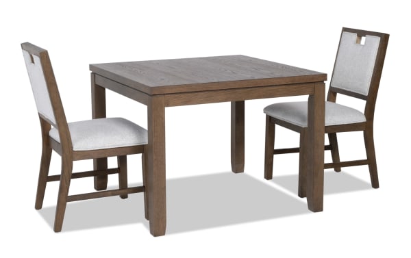 Brookline 3 Piece Brown & White Upholstered Square Dining Set with solid acacia wood, polyester fabric chairs, and transitional style for dining rooms.