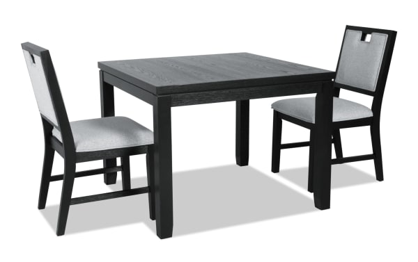 Brookline 3 Piece Black & White Upholstered Square Dining Set with acacia wood frame, polyester fabric cushions, and transitional style.