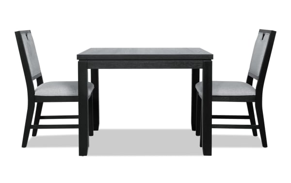 Brookline 3 Piece Black & White Upholstered Square Dining Set with acacia wood frame, polyester fabric seats, and transitional style.