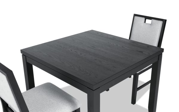 Brookline 3 Piece Black & White Upholstered Square Dining Set with solid acacia wood, white polyester fabric chairs, and transitional style.