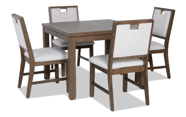 Brookline 5 Piece Brown & White Upholstered Square Dining Set with acacia wood frame, polyester fabric chairs, and transitional style for versatile dining.