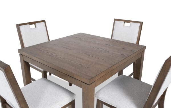 Brookline 5 Piece Brown & White Upholstered Square Dining Set featuring solid acacia wood, white polyester fabric chairs with Bob-O-Pedic cushions, and a smooth transitional style square table.