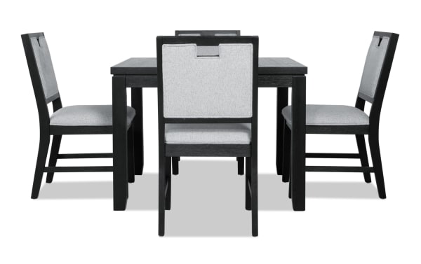 Brookline 5 Piece Black & White Upholstered Square Dining Set with acacia wood frame, polyester fabric chairs, and transitional style design.