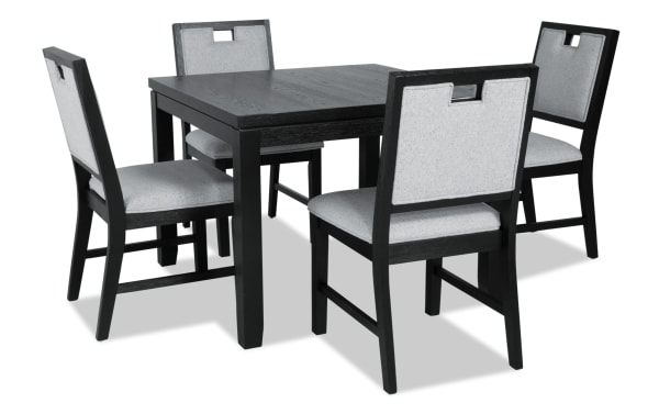 Brookline 5 Piece Black & White Upholstered Square Dining Set with solid acacia and rubberwood frame, white polyester fabric chairs, and transitional style.