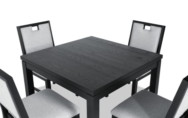 Brookline 5 Piece Black & White Upholstered Square Dining Set with solid acacia wood, polyester fabric chairs, and transitional style design.