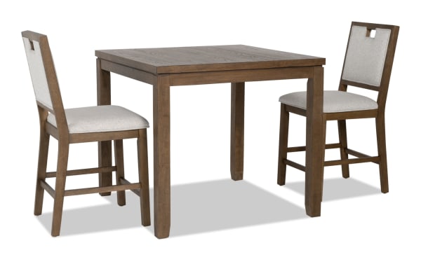 Brookline 3 Piece Brown & White Upholstered Counter Height Square Dining Set with acacia wood frame, polyester fabric seats, and transitional style.