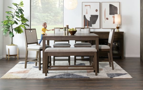 Brookline 3 Piece Brown & White Upholstered Counter Height Square Dining Set with acacia wood frame, polyester fabric cushions, and transitional style.