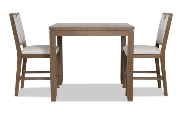 Brookline 3 Piece Brown & White Upholstered Counter Height Square Dining Set with acacia wood, polyester fabric seats, and transitional style chairs.