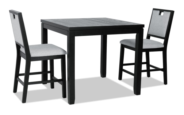 Brookline 3 Piece Black & White Upholstered Counter Height Square Dining Set with solid acacia wood frame, white polyester fabric cushions, and transitional style.