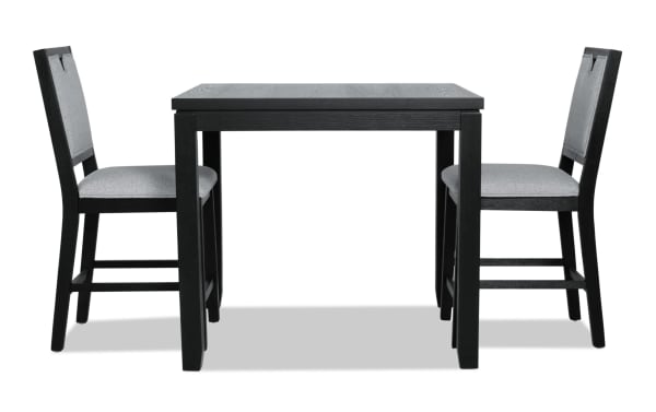 Brookline 3 Piece Black & White Upholstered Counter Height Square Dining Set with solid acacia wood, polyester fabric seats, and transitional style.