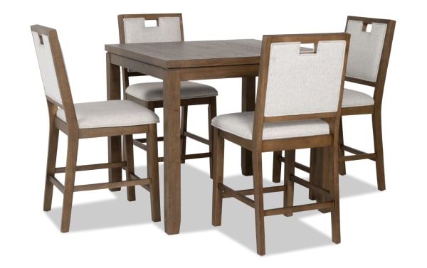 Brookline 5 Piece Brown & White Upholstered Counter Height Dining Set with solid acacia wood, polyester fabric seats, and transitional square table design.