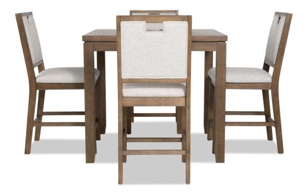 Brookline 5 Piece Brown & White Upholstered Counter Height Square Dining Set with acacia wood frame, white polyester fabric chairs, and transitional style.
