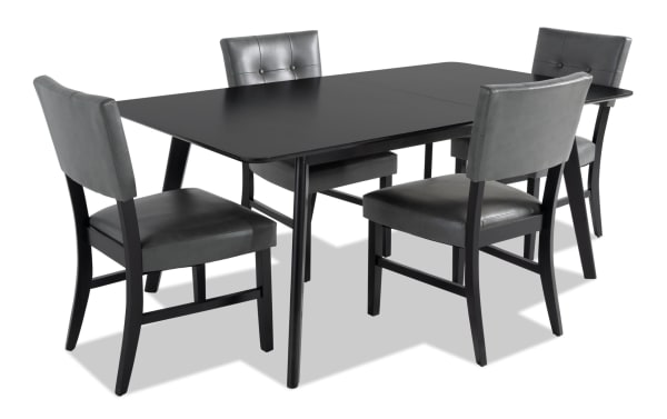 Bettie 5 Piece Black & Charcoal Faux Leather Upholstered Dining Set with mid-century modern MDF table, walnut veneers, and memory foam seats.