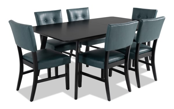 Bettie 7 Piece Black & Teal Faux Leather Upholstered Dining Set with mid-century modern style, teal faux leather seats, flared legs, MDF and walnut veneer table.