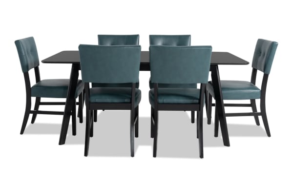 Bettie 7 Piece Black & Teal Faux Leather Upholstered Dining Set with mid-century modern design, teal faux leather seats, flared legs, and walnut veneer table.