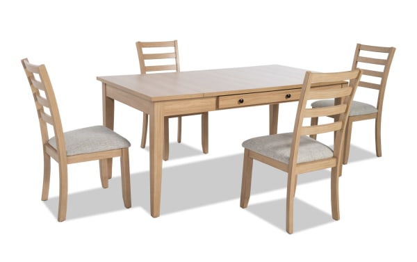 Homeworks 5 Piece Natural & Gray Dining Set with melamine top, rubberwood frame, lift-top storage table, felt-lined drawers, and four gray fabric ladder-back chairs with memory foam seats.