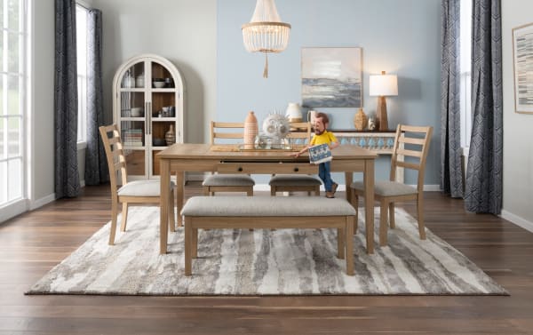 Homeworks 5 Piece Natural & Gray Dining Set with lift-top storage table, four ladder back chairs with polyester upholstery, and bench.