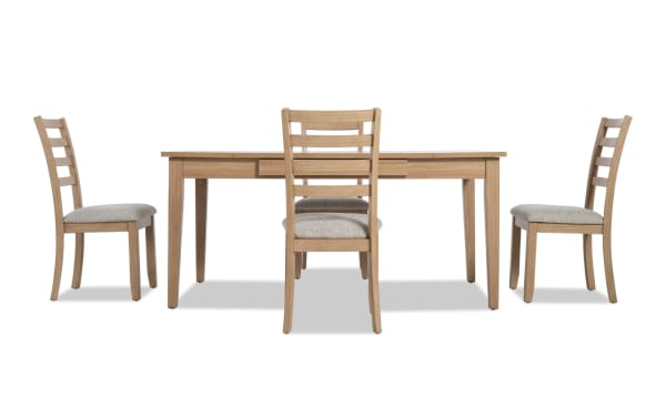 Homeworks 5 Piece Natural & Gray Dining Set with lift-top storage table, felt-lined drawers, rubberwood frame, melamine finish, and four gray fabric-upholstered ladder-back chairs.