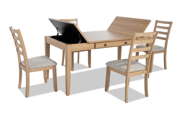 Homeworks 5 Piece Natural & Gray Dining Set with transitional style, featuring a melamine lift-top storage table with felt-lined drawers and four gray fabric-upholstered ladder-back chairs with memory foam seats.