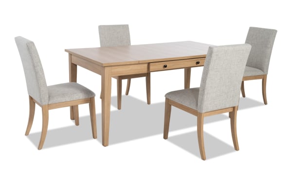 Homeworks 5 Piece Natural & Gray Upholstered Dining Set with transitional style, gray polyester fabric chairs, and a natural wood melamine table with lift-top storage and felt-lined drawers.