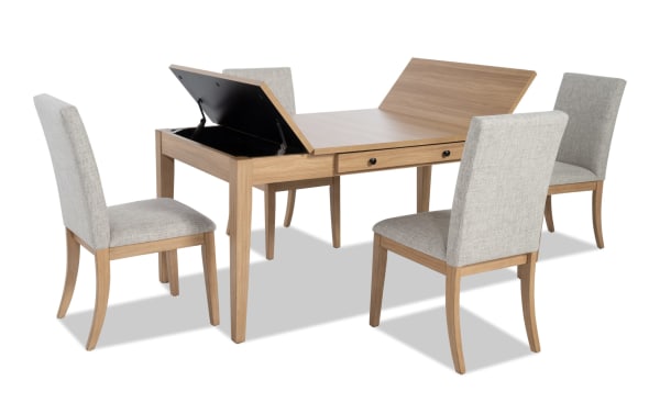 Homeworks 5 Piece Natural & Gray Upholstered Dining Set with lift-top storage table, felt-lined drawers, gray polyester fabric chairs, and durable rubberwood frame.