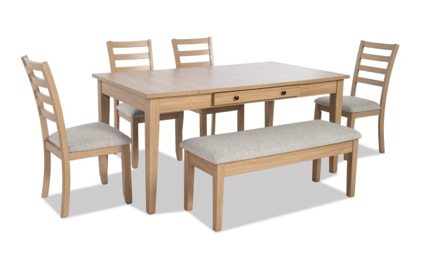 Homeworks 6 Piece Natural & Gray Dining Set with storage bench, four ladder-back chairs, and lift-top table with felt-lined drawers.