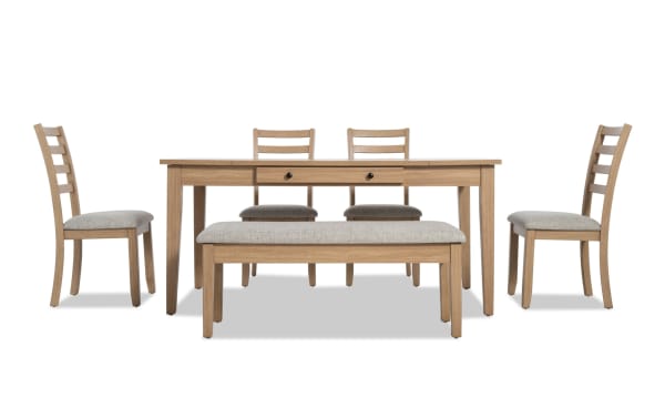Homeworks 6 Piece Natural & Gray Dining Set with storage bench, featuring a melamine and rubberwood table with lift-top storage, gray fabric-upholstered bench, and four ladder-back chairs with memory foam cushions in a transitional style.