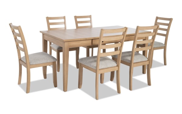 Homeworks 7 Piece Natural & Gray Dining Set with lift-top storage table and six gray fabric-upholstered ladder-back chairs, transitional style.