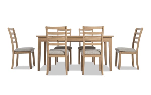 Homeworks 7 Piece Natural & Gray Dining Set with lift-top storage table and six gray fabric-upholstered ladder-back chairs.