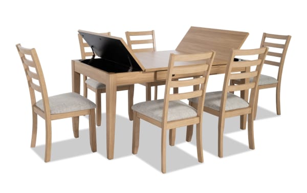 Homeworks 7 Piece Natural & Gray Dining Set with transitional style, featuring a melamine lift-top storage table and six gray fabric-upholstered ladder-back chairs with memory foam seats.