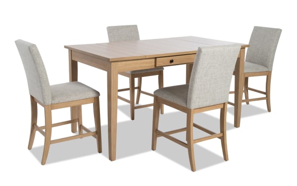 Homeworks 5 Piece Natural & Gray Upholstered Counter Height Dining Set with lift-top storage table, felt-lined drawers, gray polyester fabric stools, and durable rubberwood frame in transitional style.