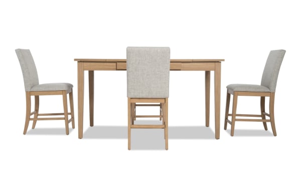 Homeworks 5 Piece Natural & Gray Upholstered Counter Height Dining Set with lift-top storage table, gray polyester fabric stools, transitional style.