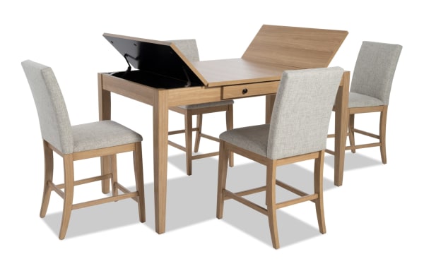 Homeworks 5 Piece Natural & Gray Upholstered Counter Height Dining Set with lift-top storage table, felt-lined drawers, rubberwood frame, gray polyester stools.