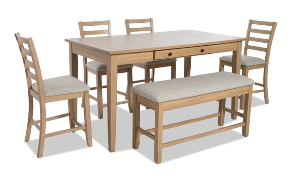 Homeworks 6 Piece Natural & Gray Counter Height Dining Set with storage bench and four ladder back stools, gray polyester upholstery, rubberwood frame, melamine finish, transitional style.