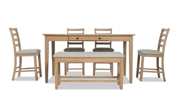 Homeworks 6 Piece Natural & Gray Counter Height Dining Set with storage bench, ladder back stools, gray polyester upholstery, rubberwood frame, transitional style.