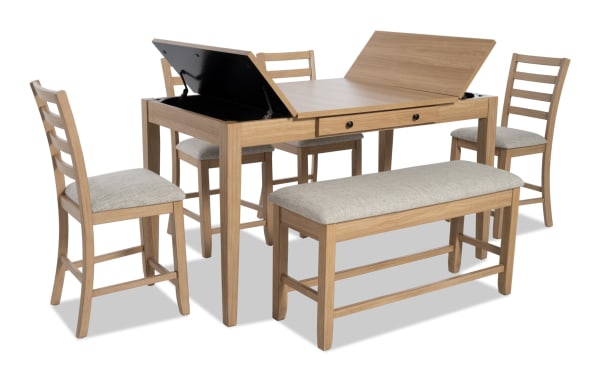 Homeworks 6 Piece Natural & Gray Counter Height Dining Set with storage bench, ladder back stools, and lift-top table. Transitional style with gray polyester fabric upholstery, melamine and rubberwood frame, and felt-lined drawers for extra storage.
