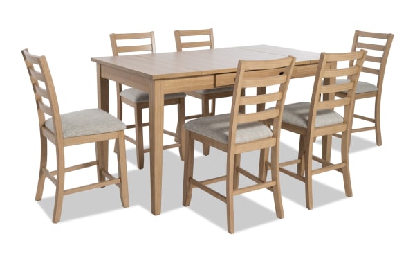 Homeworks 7 Piece Natural & Gray Counter Height Dining Set with melamine table, rubberwood frame, lift-top storage, felt-lined drawers, and six gray fabric-upholstered ladder back stools.